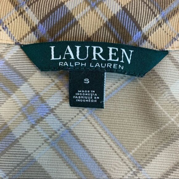 LAUREN Ralph Lauren tan brown plaid check wrap blouse Sz S - Picture 8 of 12